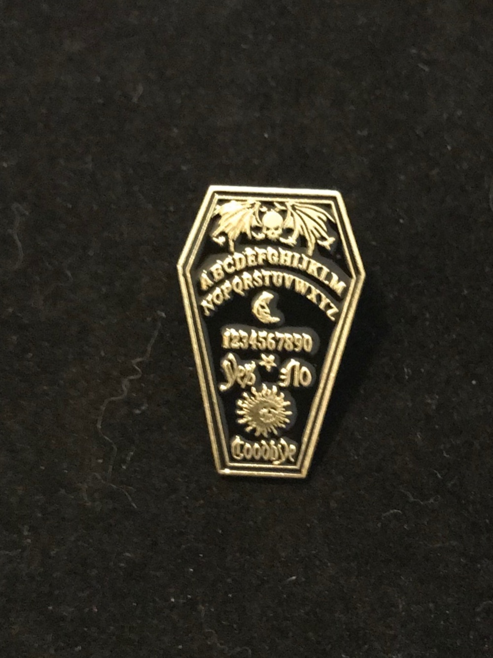 NWOT black coffin-shaped Ouija board pin (pins: 1/$12, 2/$20)